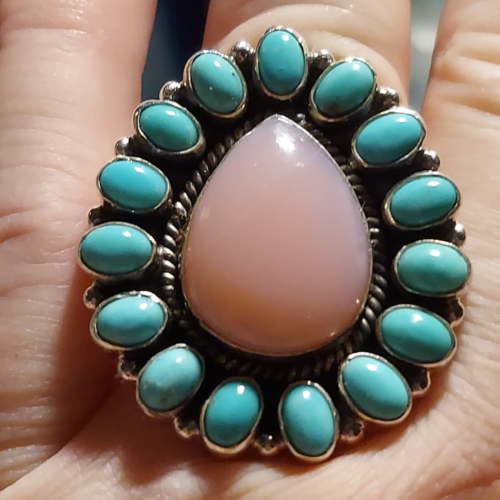 New Sterling Silver & Pink Opal with Turquiose Surrounds Large Ring Size 10